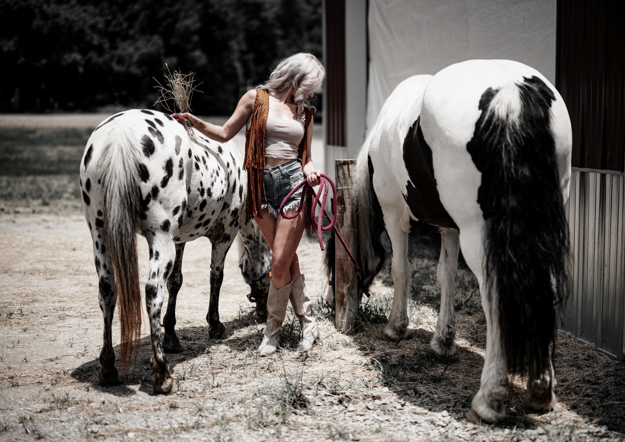 Woman in a fringed vest and cowboy boots standing between two spotted horses